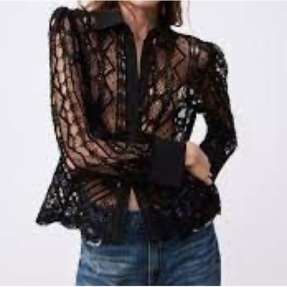 Zara - Black Linen Blend Crochet Beautiful See Thru Print Button Down Blouse SM